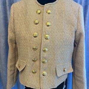 Elegant Women's Beige Tweed Blazer with Gold Accents